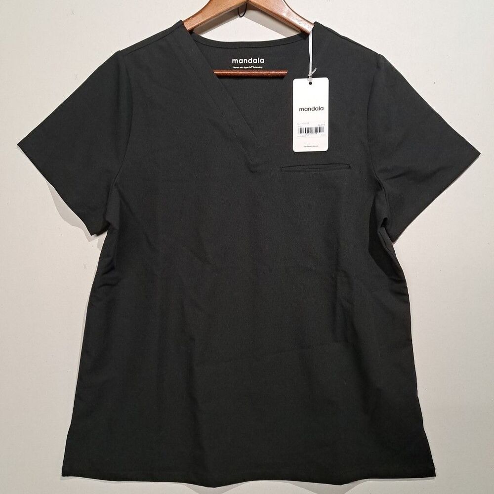 Mandala Women's Size Large Black V Neck Scrub Top Shirt with Front Pocket